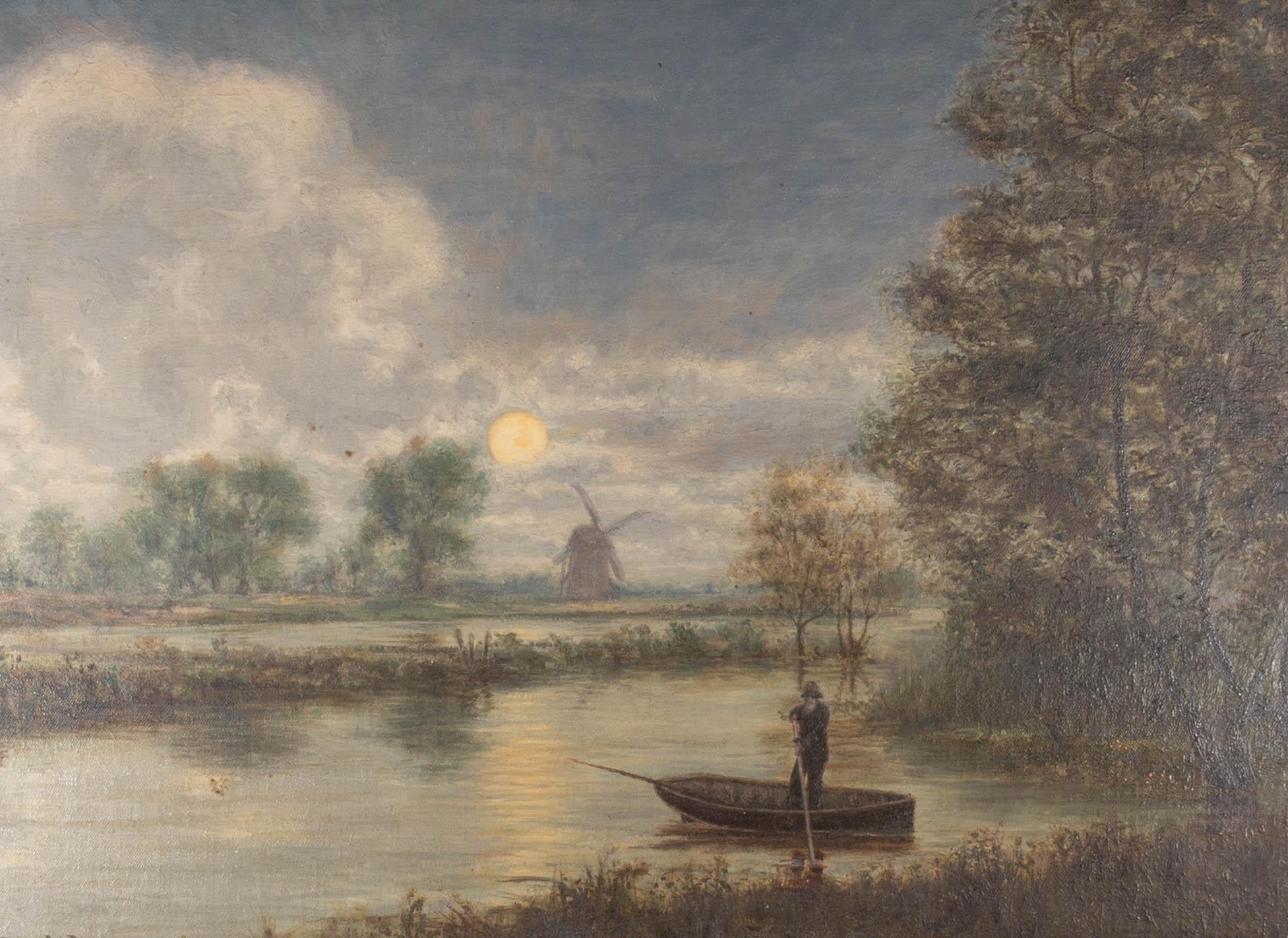 A tranquil scene depicting a man rowing across a moonlit river. In the distance a windmill can be seen on an open field. The artist has used a slight impasto effect on the trees and reeds adding texture to the foreground. Signed to the lower left.