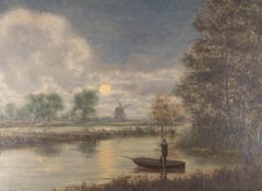 John W. Pharez - 1920 Oil, Moonlit River Scene