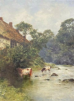 John Wallace (1841-1905) Signed Antique Oil - Cattle Watering from Stream - 1904