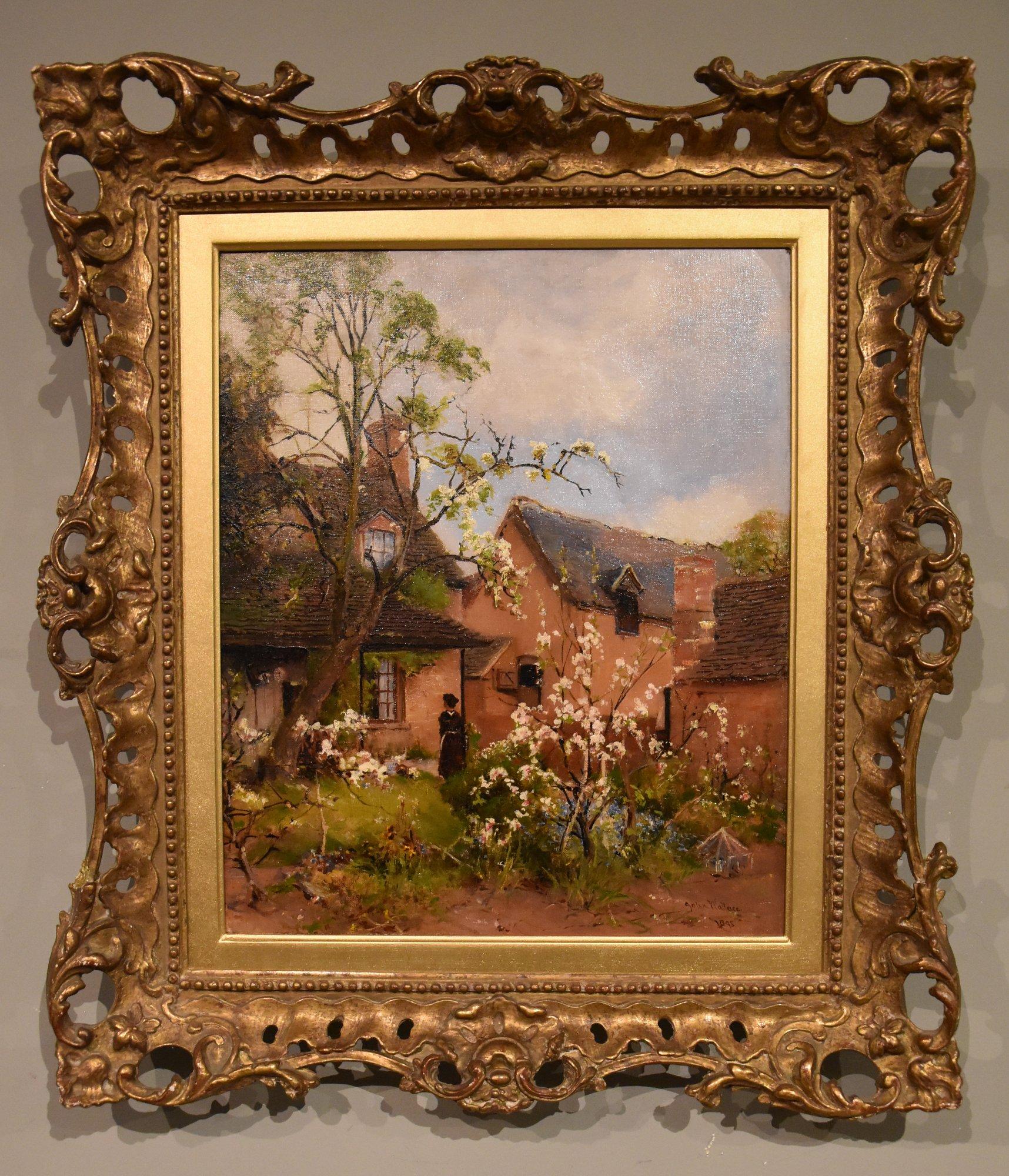 Peinture à l'huile de John Wallace "Shottery Farm, near Stratford on Avon" 1841 - 1903 Un peintre paysagiste de Newcastle qui a exposé au Bewick Club et à la Royal Academy. A travaillé à Stratford dans les années 1890. Huile sur toile. Signé et daté