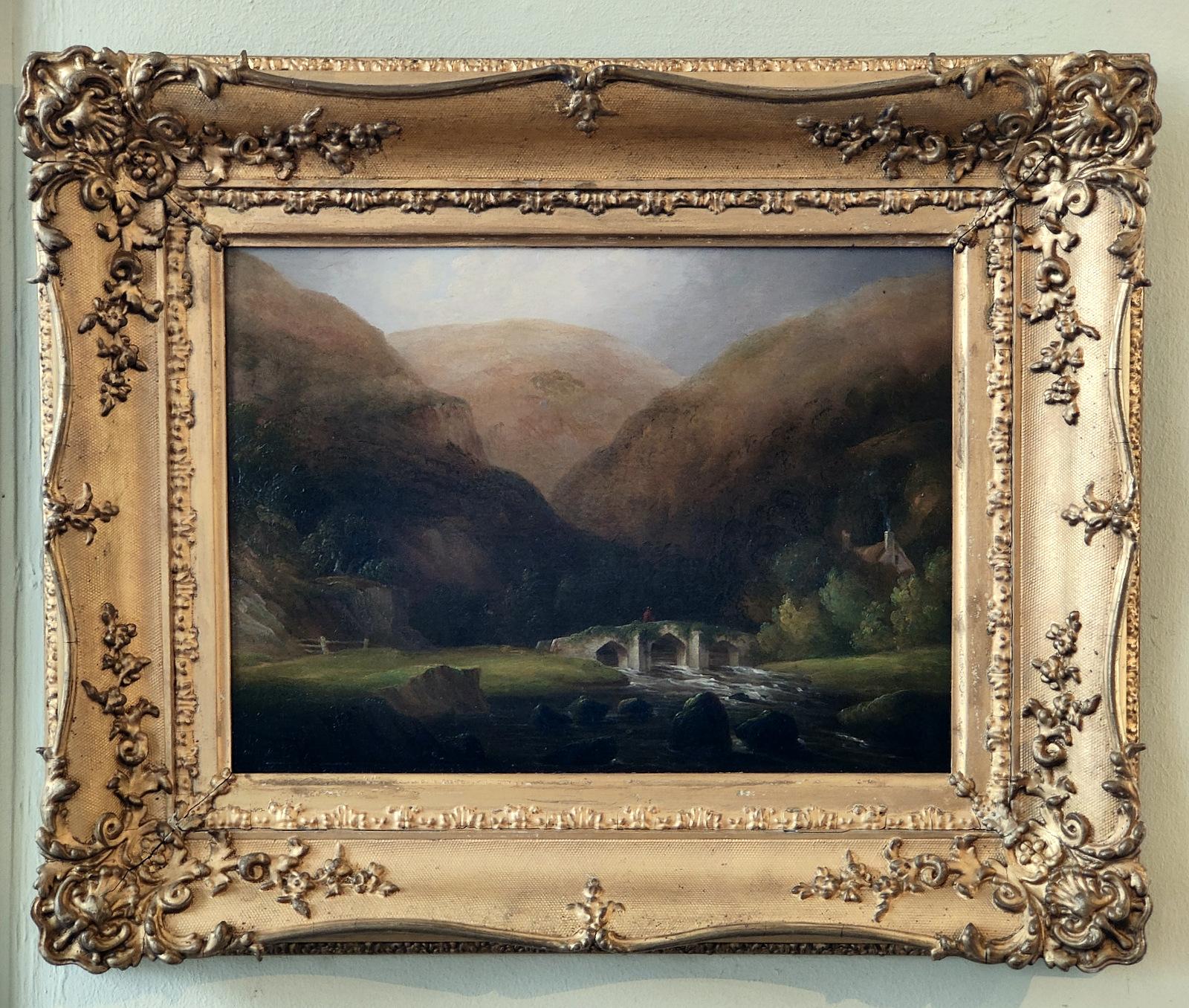 Oil Painting by John Wallace Tucker "Fingle Bridge on the Teign" 1808 -1869 Tucker was an Exeter artist with a studio in Bartholomew yard. Painted local views. Oil on Panel. Signed, inscribed dated 1840 verso

Dimensions unframed:
height 9" x width