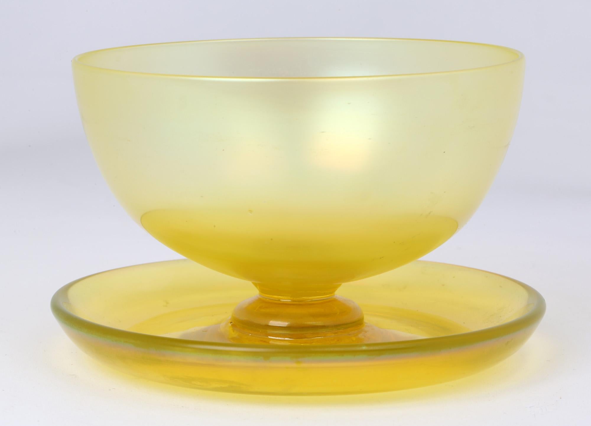 Hand-Crafted John Walsh Walsh English Art Deco Iridescent Sunbeam Pedestal Glass Bowl For Sale