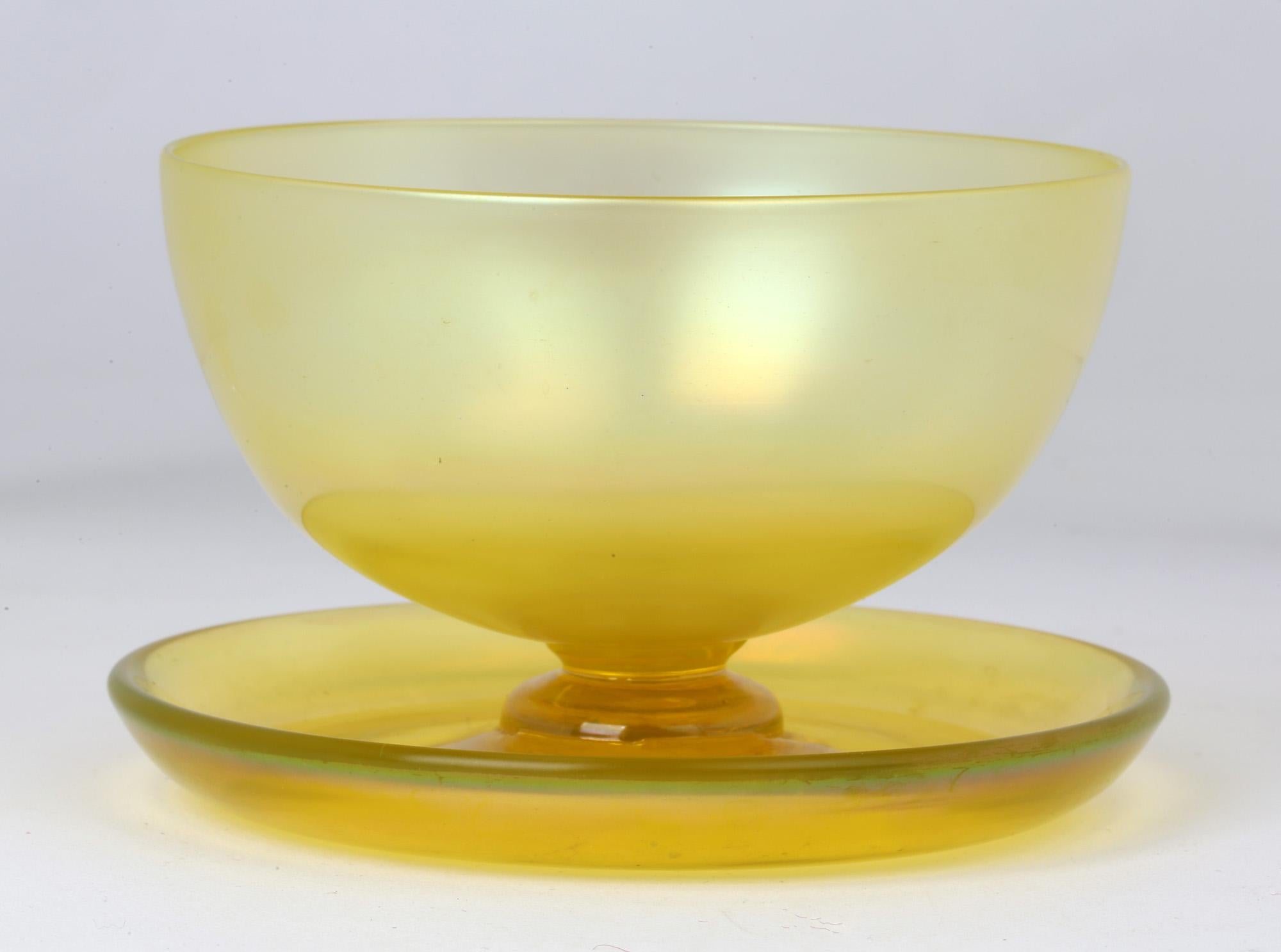 John Walsh Walsh English Art Deco Iridescent Sunbeam Pedestal Glass Bowl For Sale 2