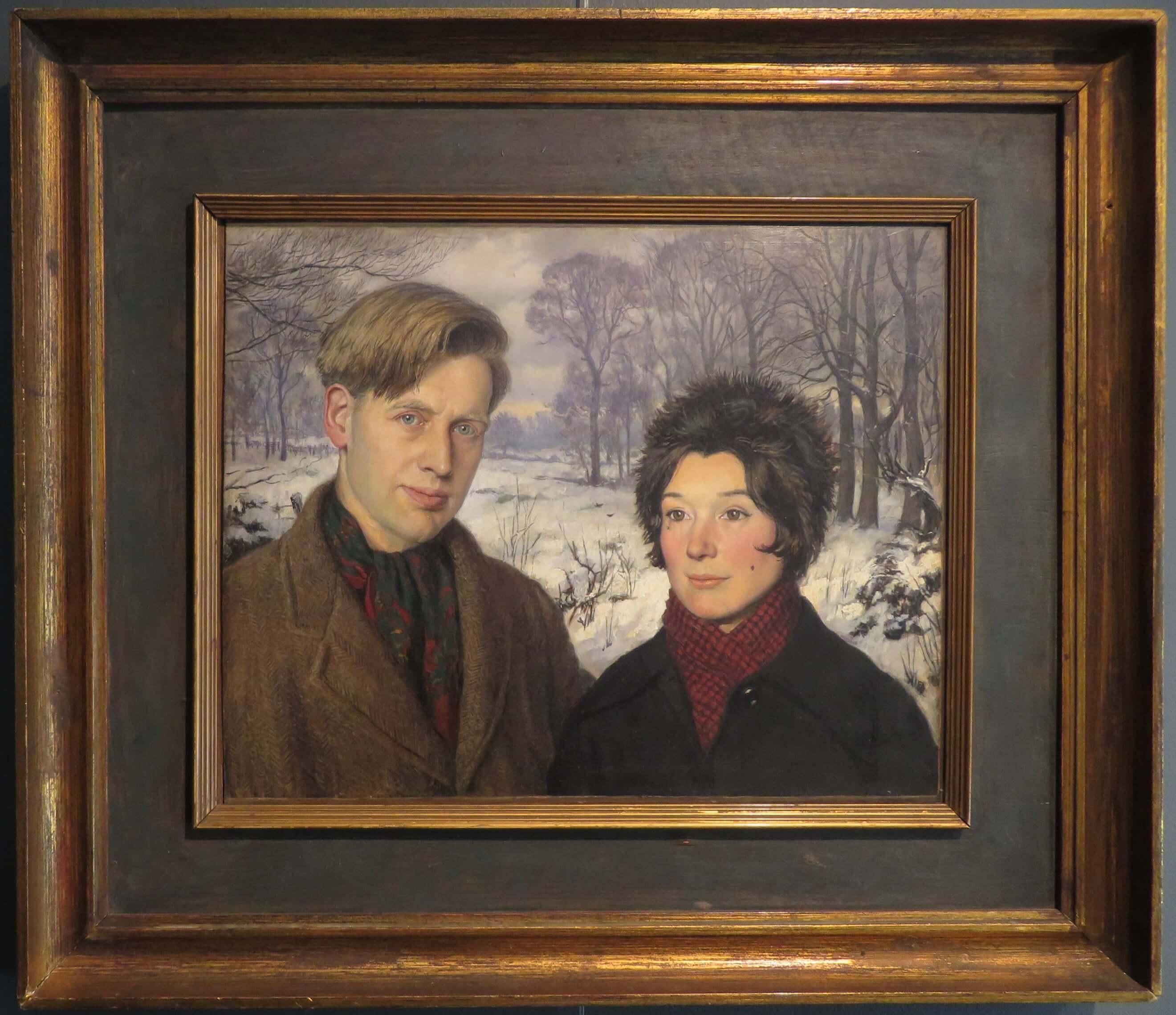 Original 1950's English oil painting Self Portrait With His Wife by John Walton
