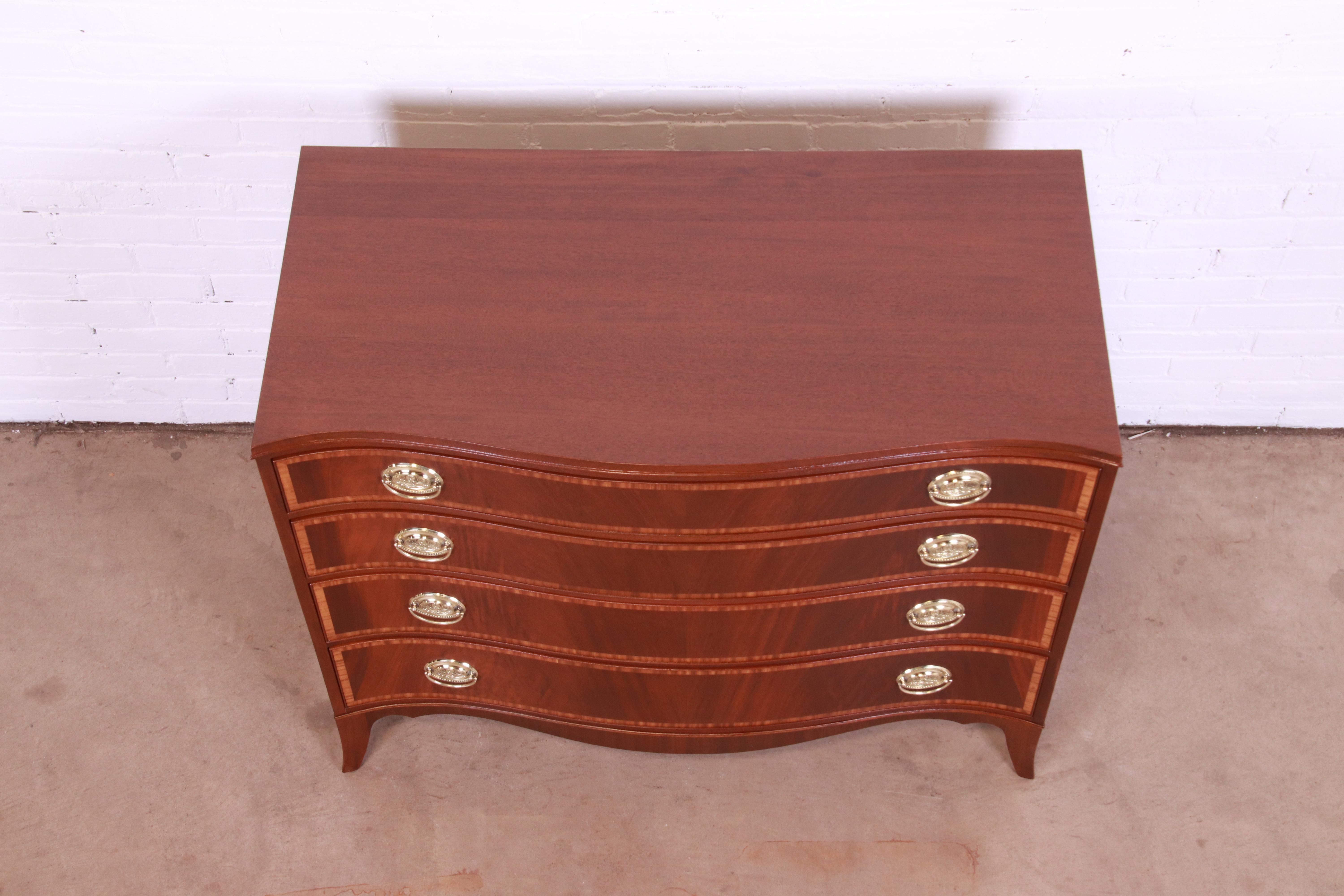 Brass John Wanamaker Georgian Serpentine Front Mahogany Chest of Drawers, Refinished