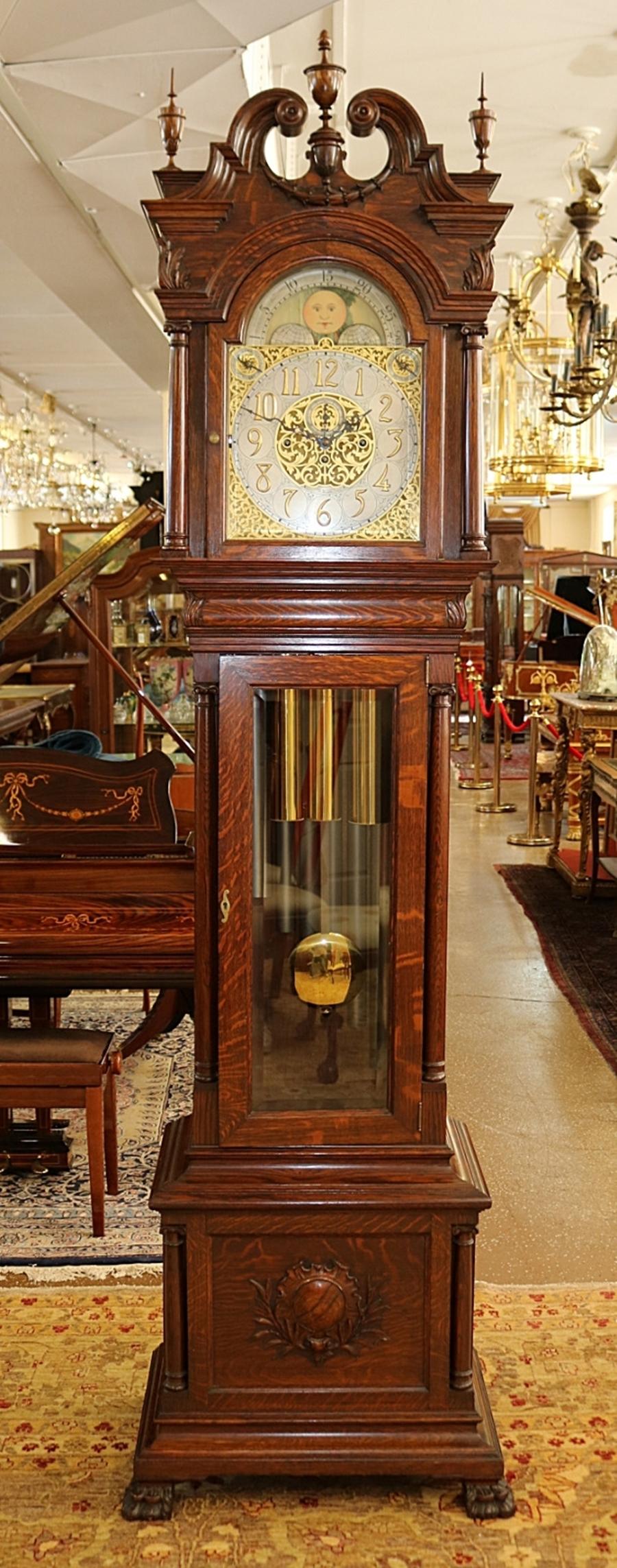 John Wanamaker Philadelphia Oak 9 Tube Grandfather Tall Case Clock  Circa 1904

Dimensions : 102 Tall X 28 Wide X 19 Deep

This gorgeous clock was made in the early 20th century and was retailed by John Wanamaker in Philadelphia. The clock has a 9