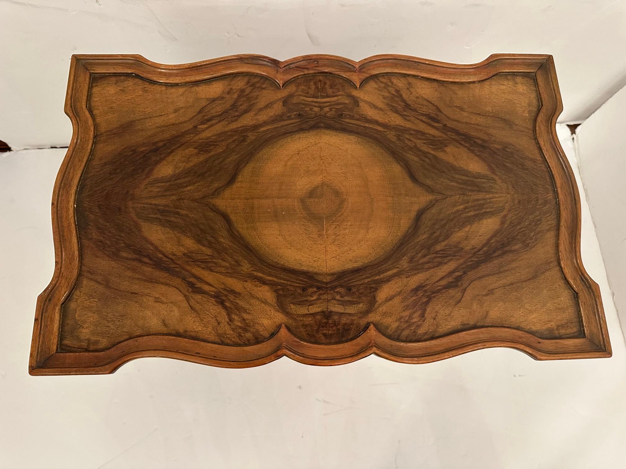 Great looking burled wood set of two nestings tables. The larger table measures 24” W x 15” D x 23” H and has beautiful pattern on top and scalloped wood gallery. The smaller table is 19.5” W x 12.25” D x 21.75” H and has a simple rectangular