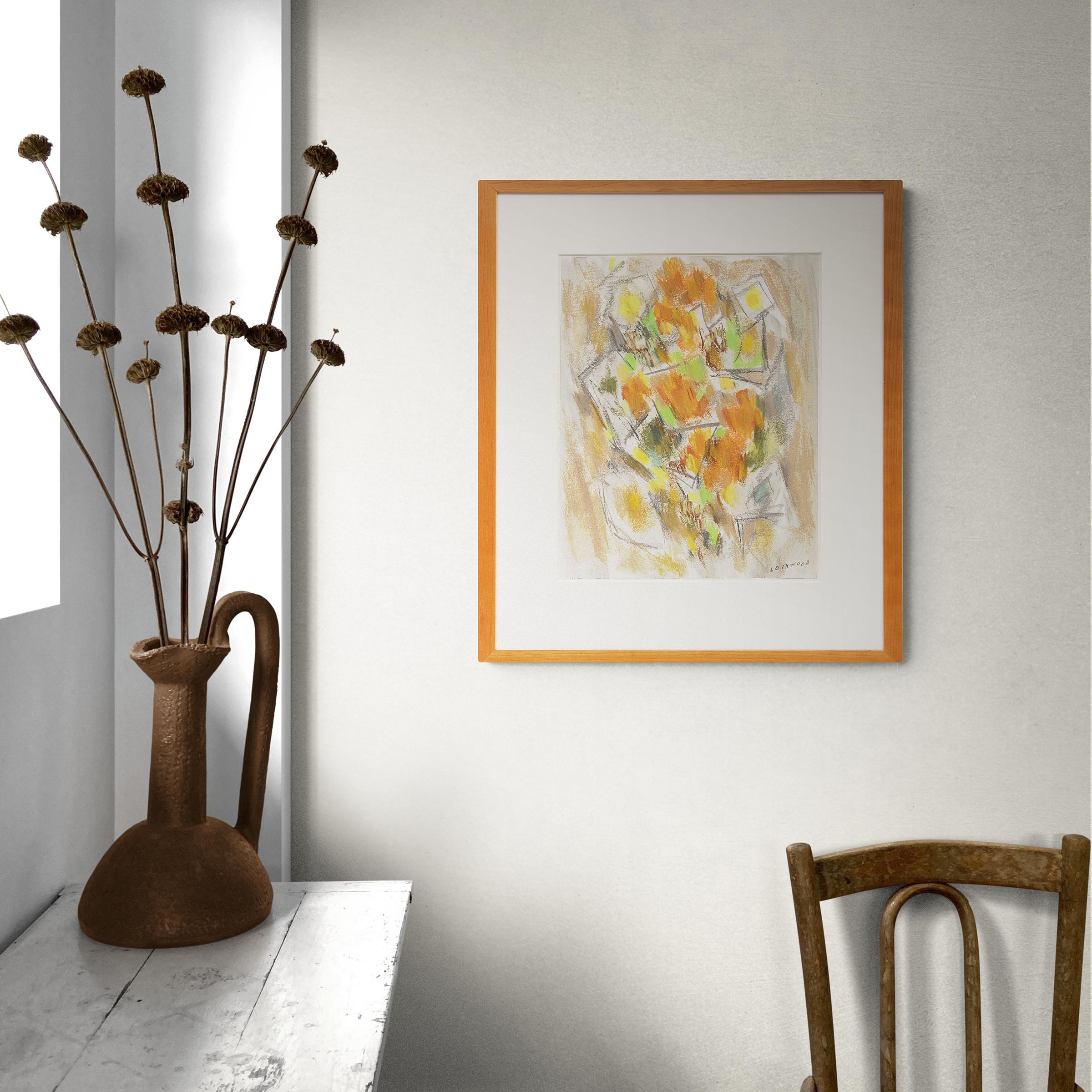 Mid-century modern abstract pastel drawing by New Mexico modernist, Ward Lockwood (1894-1963), signed and framed, circa 1950.  Presented in a custom hardwood frame with archival materials and AR Glass (UV Protection/Anti-reflective), outer