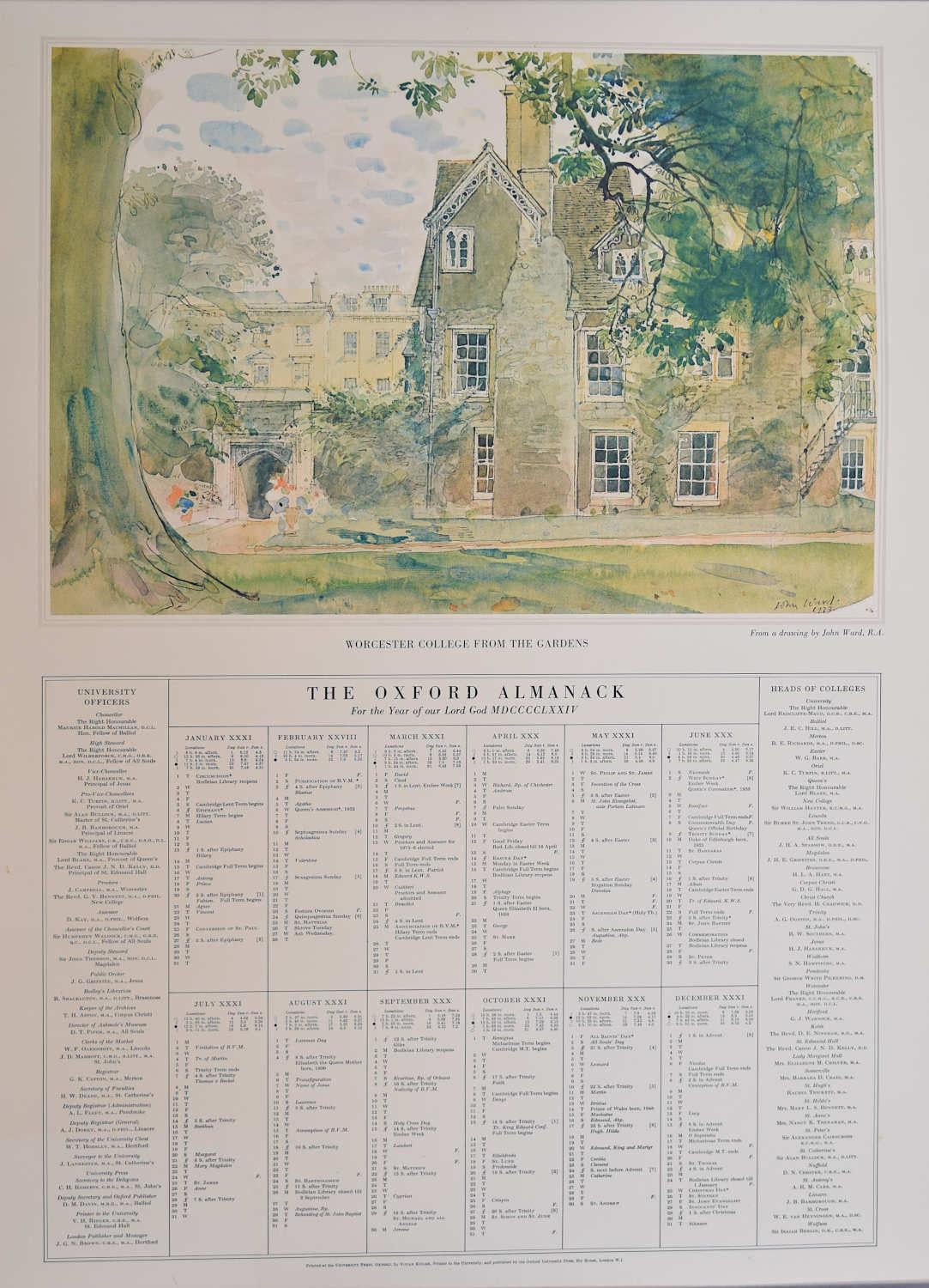 John Ward RA Landscape Print - Worcester College from the Gardens, Oxford Almanack Lithograph by John Ward