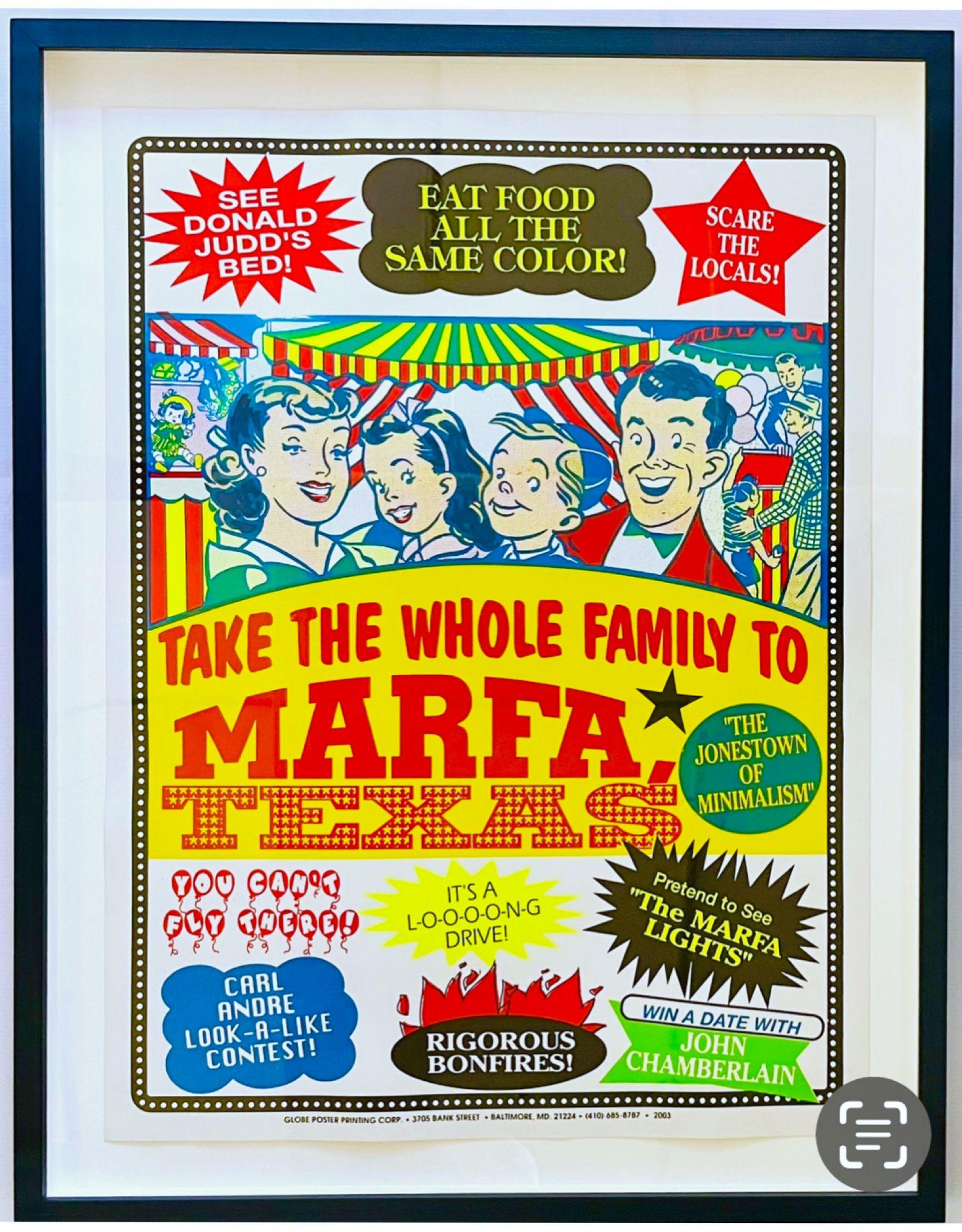 John Waters
Visita Marfa, el Jonestown del Minimalismo (Donald Judd, Carl Andre, John Chamberlain), 2003
Litografía offset
Firmado a lápiz y numerado 9/100 en el reverso; hay una ventana troquelada en la parte posterior del marco para revelar la