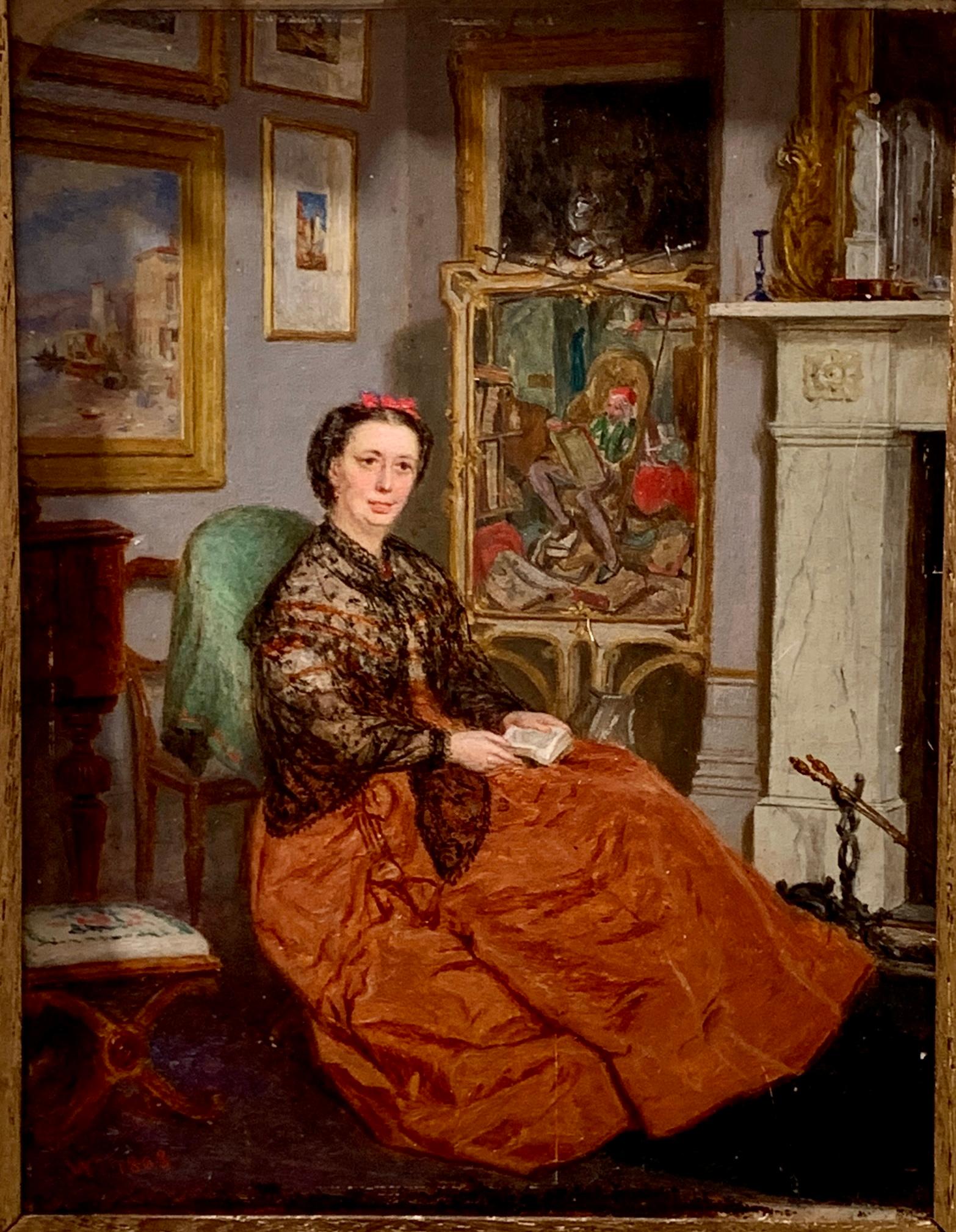 English 19th century Victorian Antique portrait of a seated lady in her Interior - Painting by John Watson Chapman