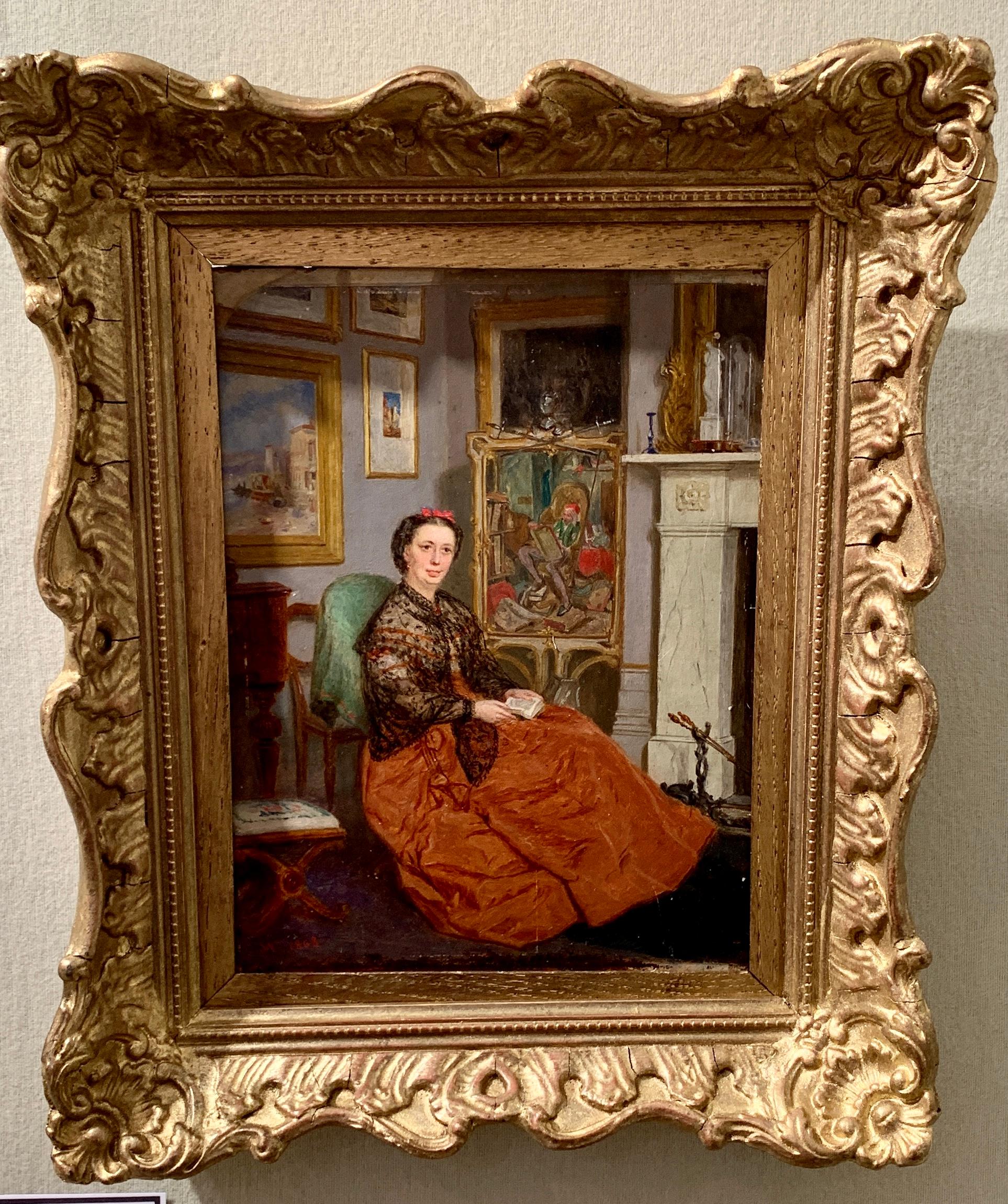 John Watson Chapman Figurative Painting – Englisch 19. Jahrhundert viktorianischen antiken Porträt einer sitzenden Dame in ihrem Inneren