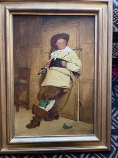 Victorian Oil Cavalier Sword Fencer between bouts of duel in Oak Panelled Hall