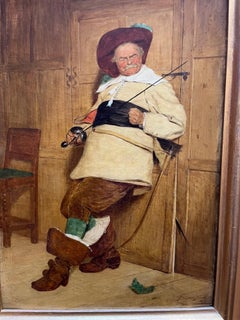 Victorian Oil Cavalier Sword Fencer between bouts of duel in Oak Panelled Hall