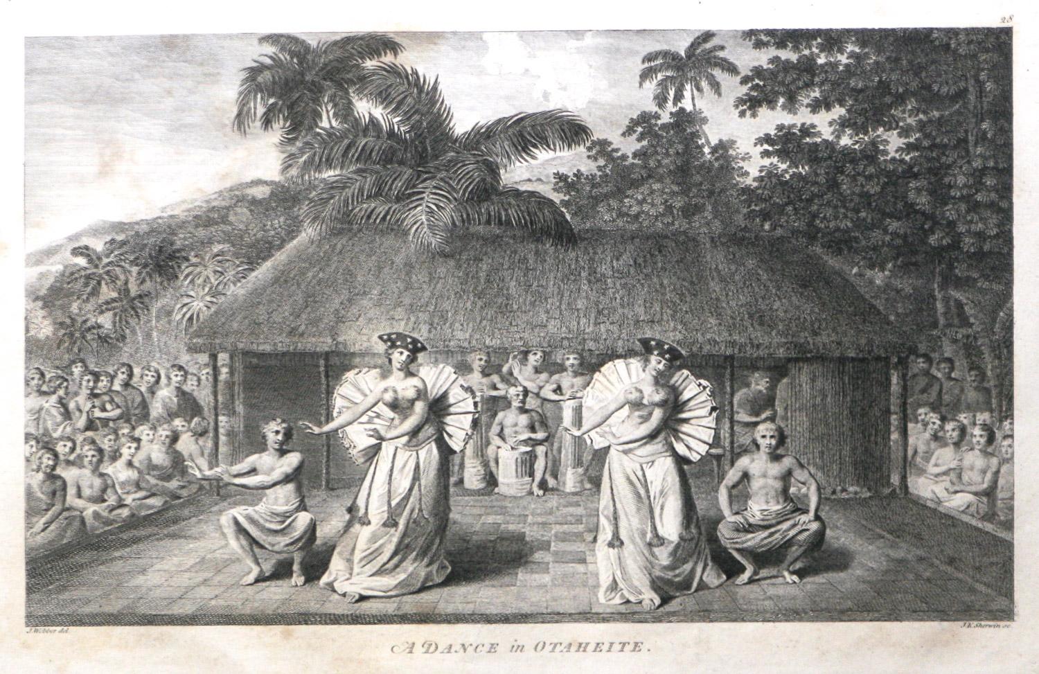Ein Tanz in Otaheite (Tahiti) stammt aus der ersten Ausgabe des Atlas Accompanying Capt. 1784. James Cook und König; Dritte und letzte Reise von Kapitän James Cook. John Webber (1752-1793)  der der offizielle Künstler der dritten Reise von Kapitän
