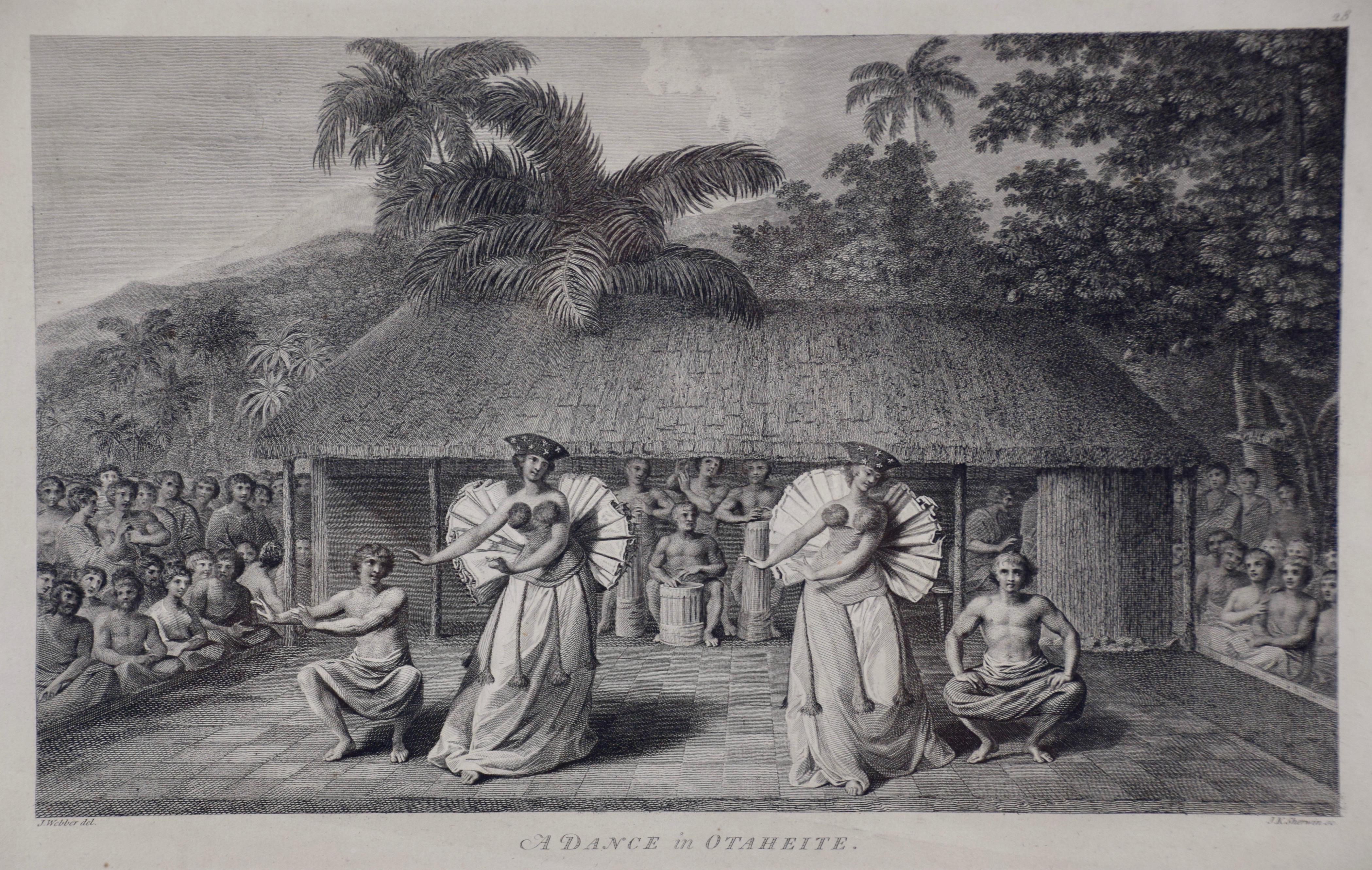 « Une danse à Otaheite » (Tahiti), gravure du troisième voyage du capitaine Cook - Print de John Webber
