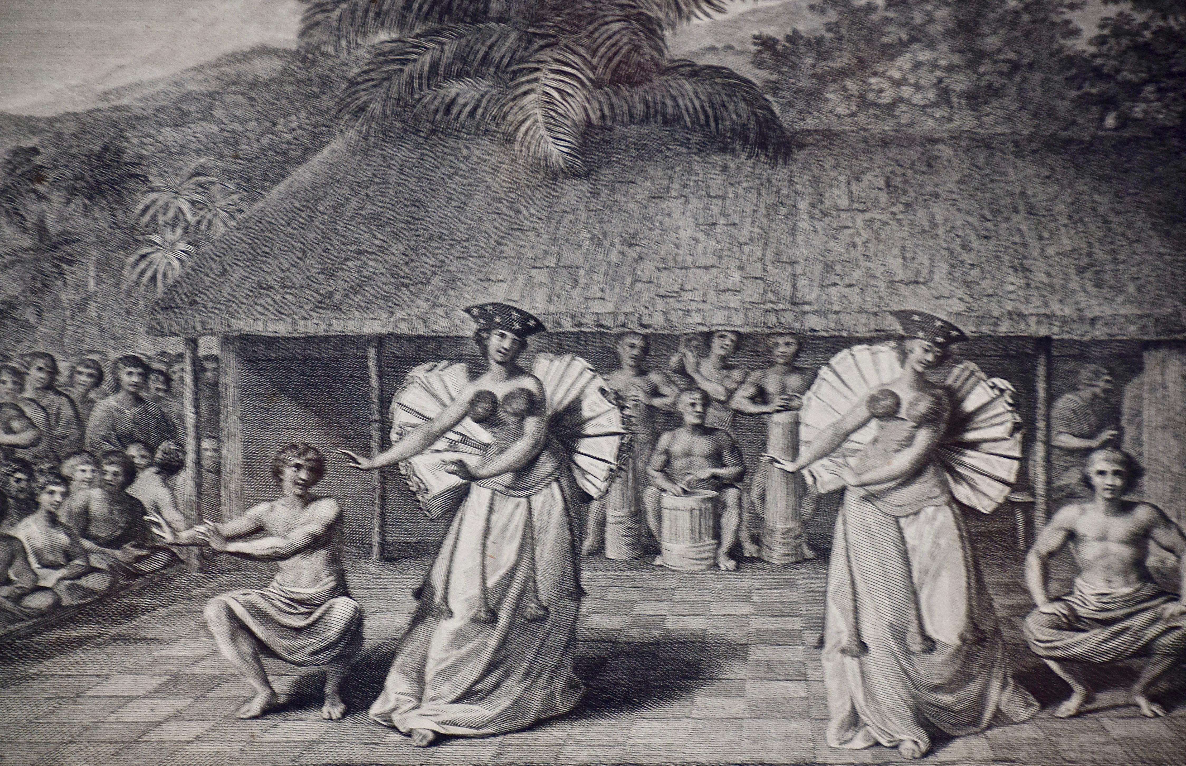 « Une danse à Otaheite » (Tahiti), gravure du troisième voyage du capitaine Cook - Réalisme Print par John Webber