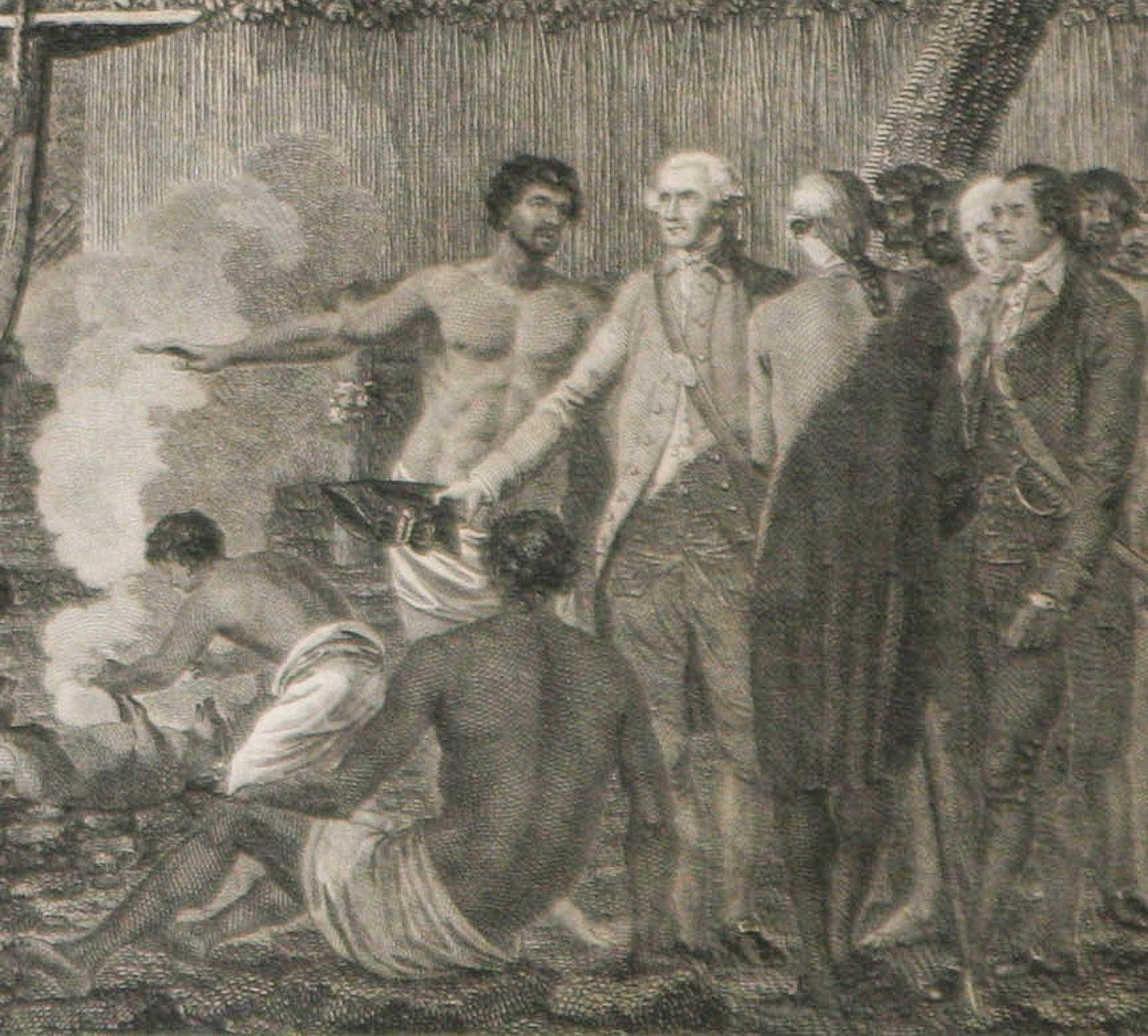 Ein Menschenopfer in einer Morai, in Otaheite (Tahiti) 1784 James Cooks letzte Reise – Print von John Webber