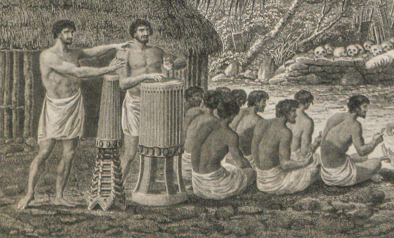 A Human Sacrifice, in a Morai, in Otaheite (Tahiti) 1784 James Cook Final Voyage - Realist Print by John Webber