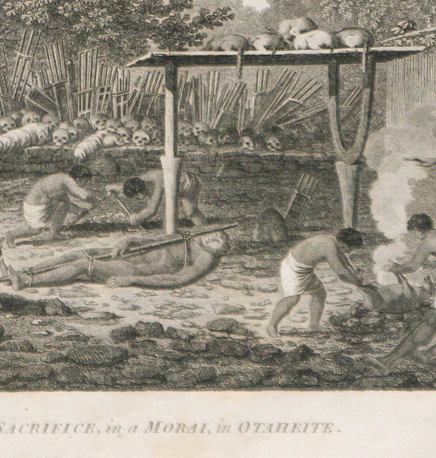 Ein Menschenopfer in einer Morai, in Otaheite (Tahiti) 1784 James Cooks letzte Reise (Grau), Landscape Print, von John Webber