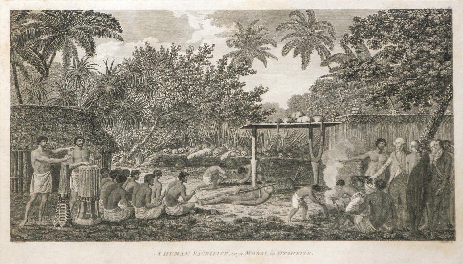 Un sacrificio humano, en un morai, en Otaheite (Tahití) 1784 Último viaje de James Cook