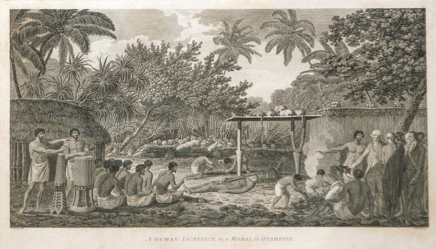 Landscape Print John Webber - Un sauvetage humain dans un Morai, à Otaheite (Tahiti) 1784 James Cook Final Voyage