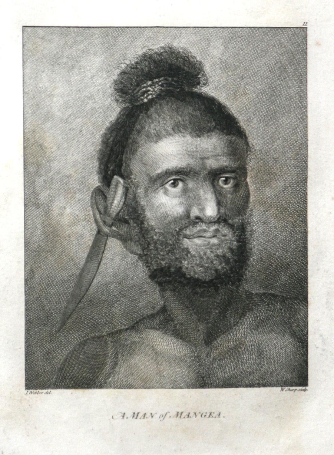 Un homme de Mangea  est tiré de la première édition de l'Atlas de 1784 accompagnant le CAP. James Cook and King ; troisième et dernier voyage du capitaine James Cook. John Webber (1752-1793) était l'artiste officiel du troisième voyage du capitaine