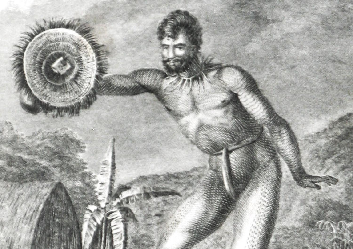Ein Mann der Sandwich-Inseln, Tanzen (Hawaii) von Captain Cooks Reisen graviert – Print von John Webber