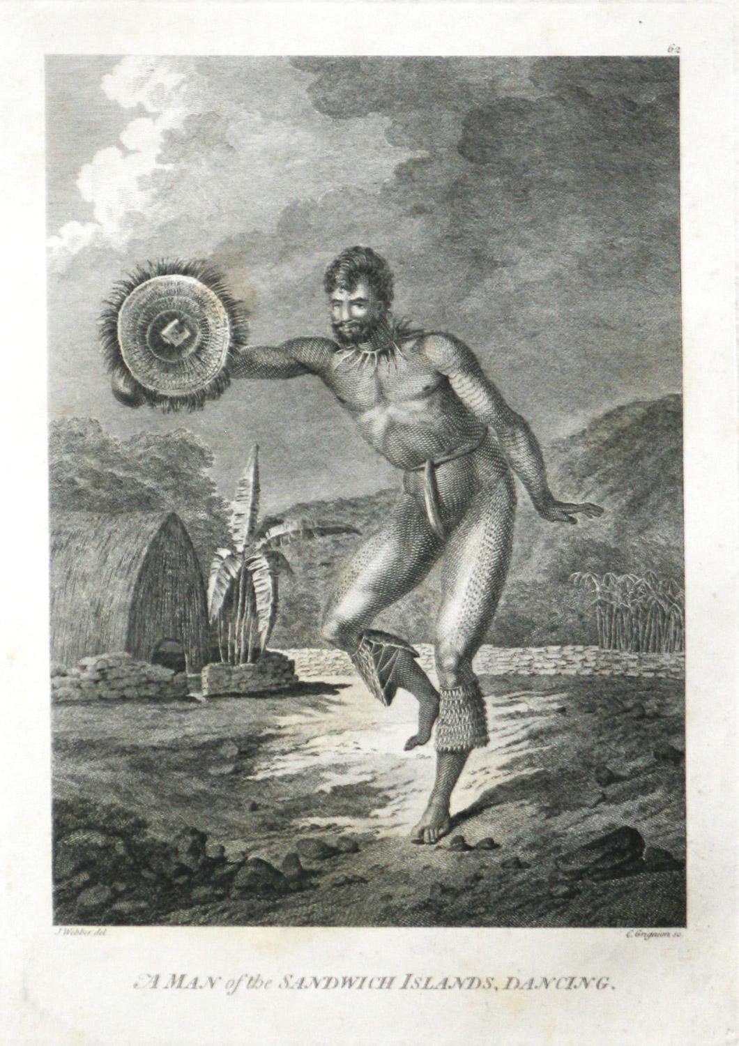 John Webber Figurative Print - A Man of the Sandwich Islands, Dancing (Hawaii) from Captain Cooks travels engra