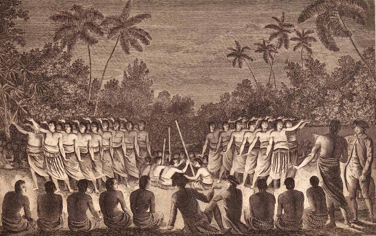 Una Danza Nocturna de Hombres en Tonga: Un grabado original del siglo XVIII, 3er viaje de Cook - Print de John Webber