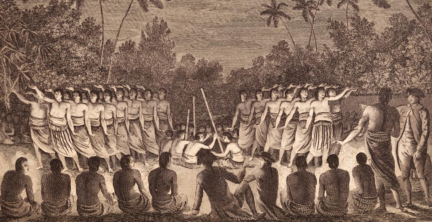 Una Danza Nocturna de Hombres en Tonga: Un grabado original del siglo XVIII, 3er viaje de Cook - Landscape Print Marrón de John Webber