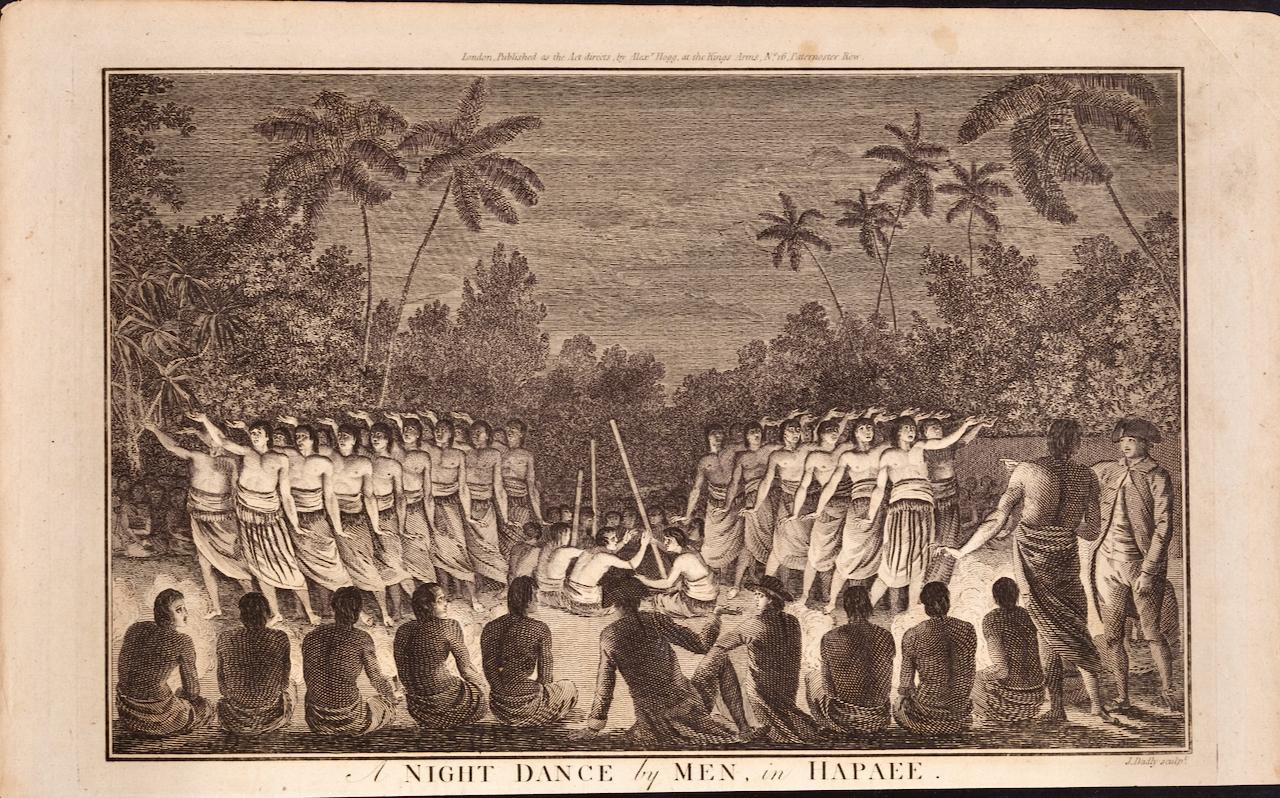 Landscape Print de John Webber - Una Danza Nocturna de Hombres en Tonga: Un grabado original del siglo XVIII, 3er viaje de Cook