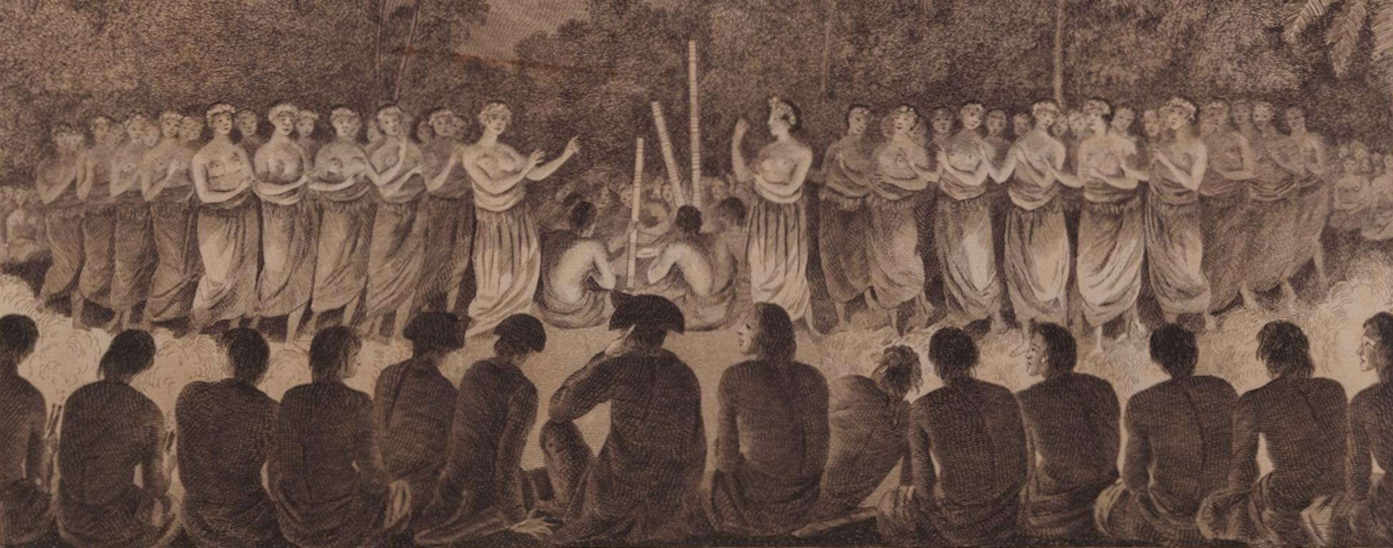 Una Danza Nocturna de Mujeres en Tonga: Grabado original del siglo XVIII, 3er Viaje de Cook - Landscape Print Marrón de John Webber