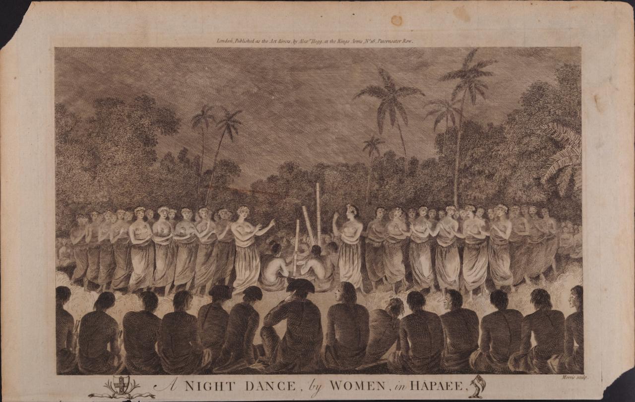 Landscape Print de John Webber - Una Danza Nocturna de Mujeres en Tonga: Grabado original del siglo XVIII, 3er Viaje de Cook