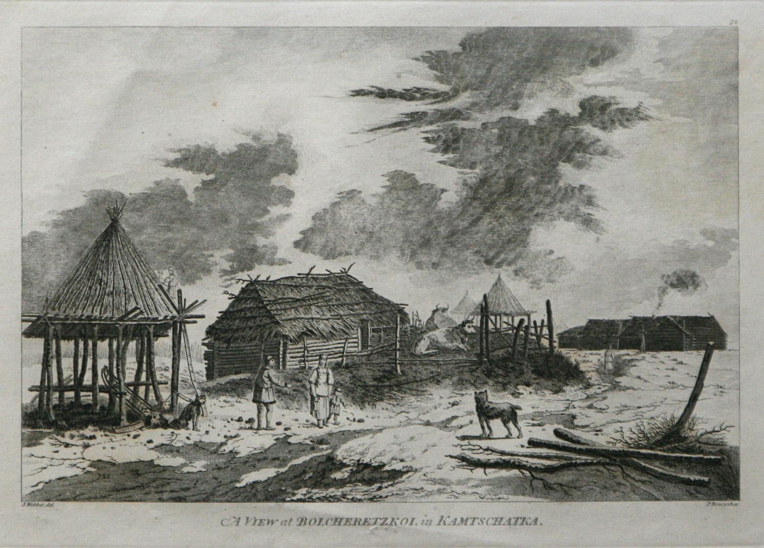 Une vue de Bolcheretzko (Russie) est tirée de la première édition de l'atlas de 1784 accompagnant le CAP. James Cook and King ; Third and Final Voyage of Captain James Cook.John Webber (1752-1793) fut l'artiste officiel du troisième voyage du