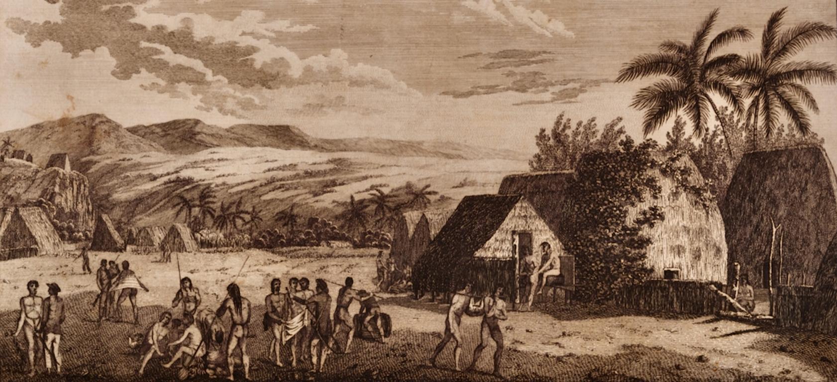 Una veduta di Kauai, Hawaii, vista dal Capitano Cook: Un'incisione originale del 18° secolo A.I.C. - Landscape Print Marrone di John Webber