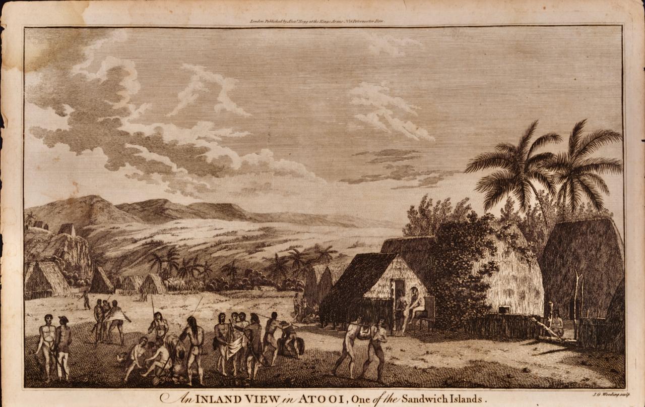 Landscape Print di John Webber - Una veduta di Kauai, Hawaii, vista dal Capitano Cook: Un'incisione originale del 18° secolo A.I.C.