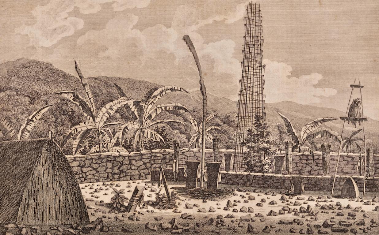 Veduta di Kauai, Hawaii, scoperta dal Capitano Cook: Incisione originale del 18° C. - Print di John Webber