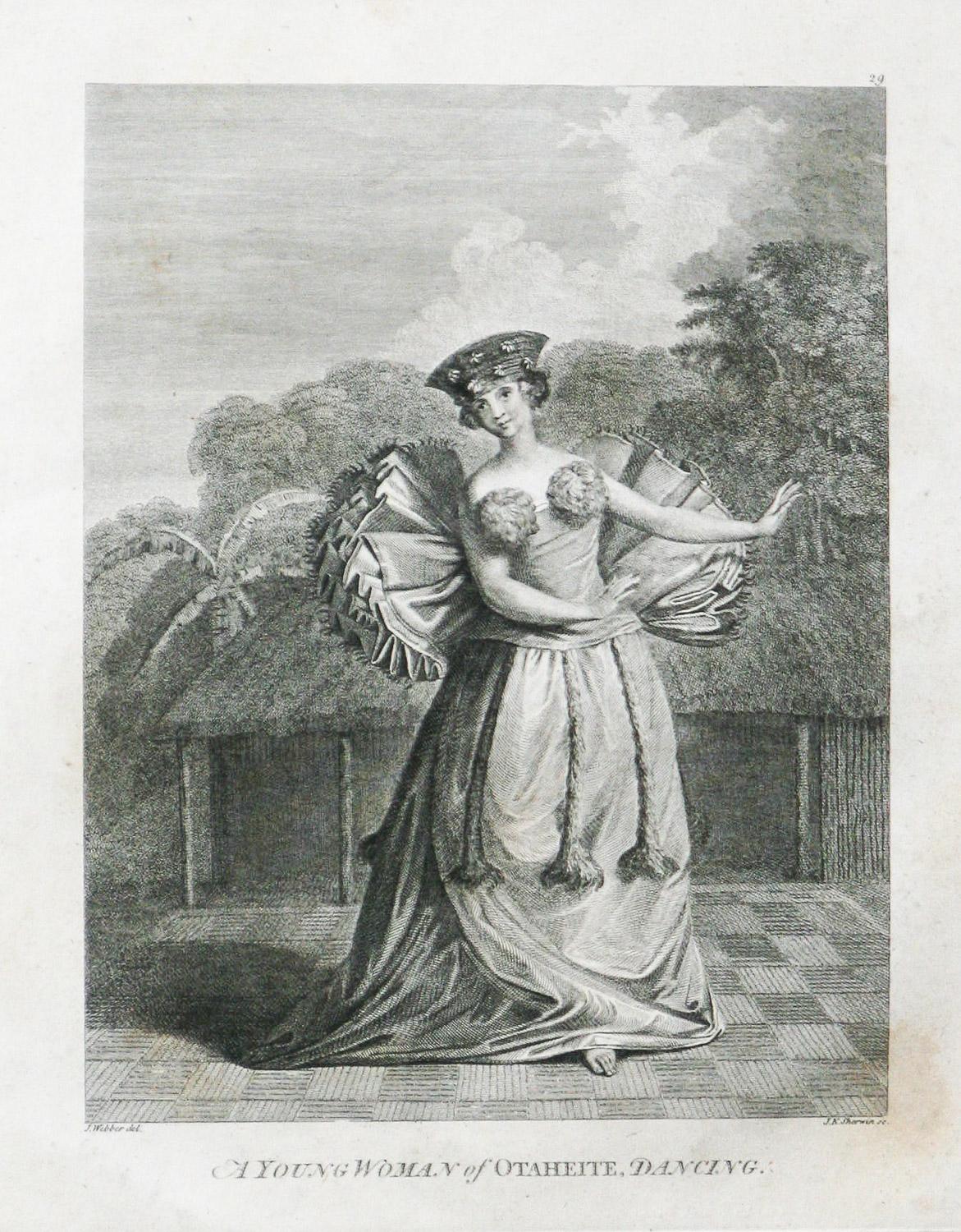 Portrait Print John Webber - Jeune femme d'Otaheite, dansant (Tahiti) 1784 Captain Cooks Voyage par Webber