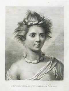 Une jeune femme des îles de Sandwich, capitaine Cooks voyage, gravure J. Webber