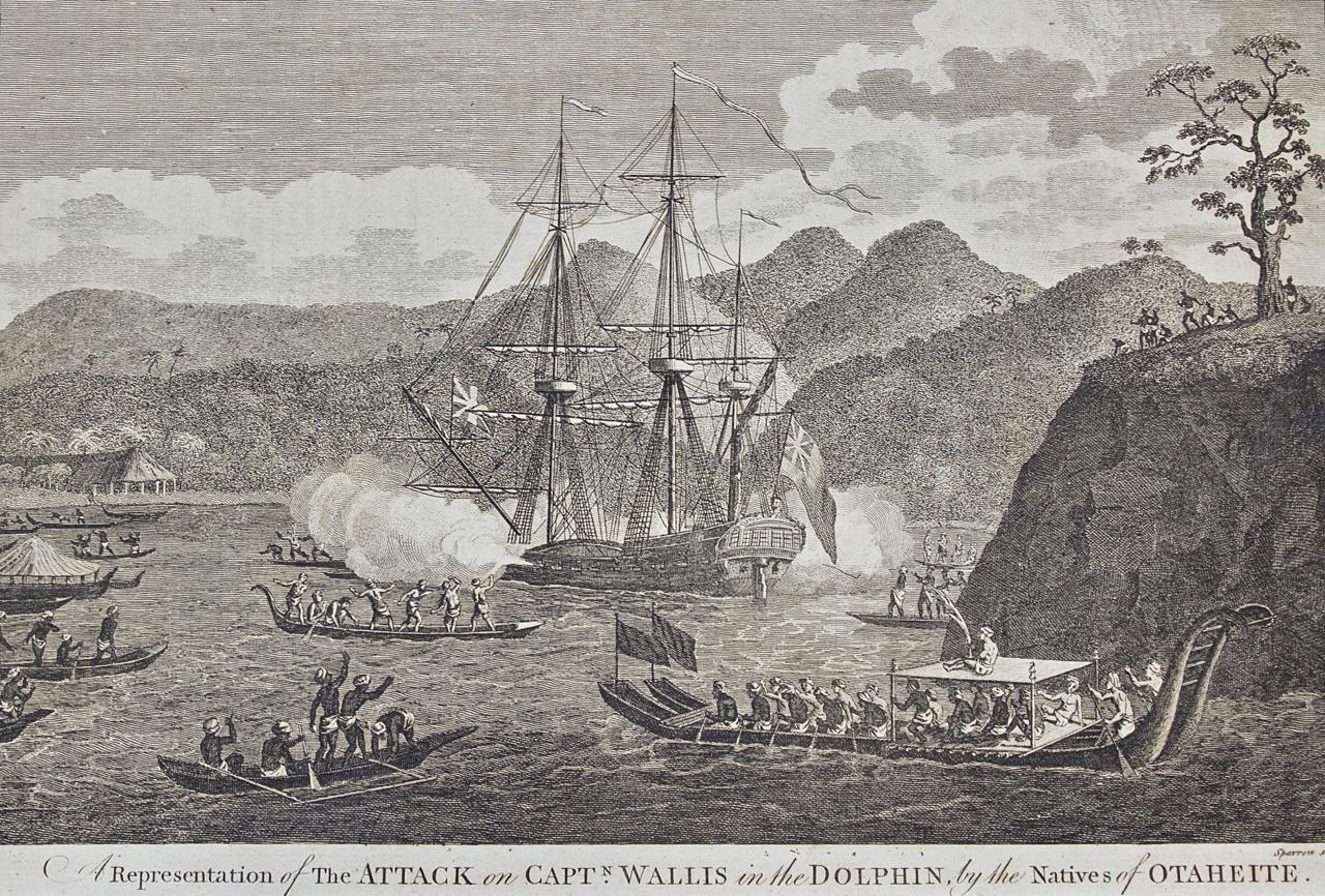 Attacco al Capitano Wallis durante la scoperta di Tahiti da parte di Wallis: Incisione del 18° C. - Print di Unknown