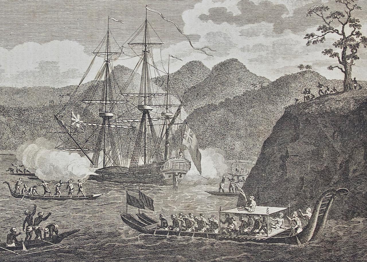 Attacco al Capitano Wallis durante la scoperta di Tahiti da parte di Wallis: Incisione del 18° C. - Print Grigio di Unknown
