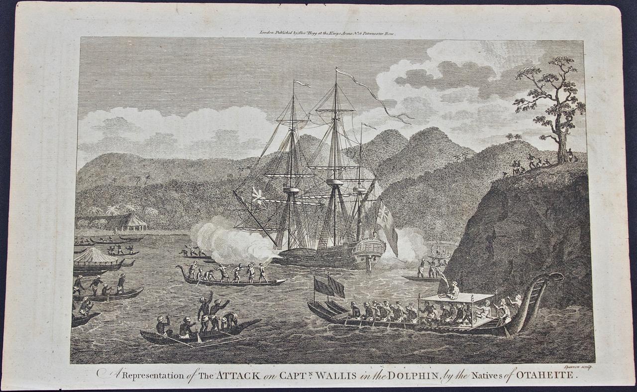 Print di Unknown - Attacco al Capitano Wallis durante la scoperta di Tahiti da parte di Wallis: Incisione del 18° C.