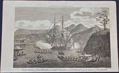 Antique Attack on Captain Wallis When He Discovered Tahiti: Original 18th C. Engraving