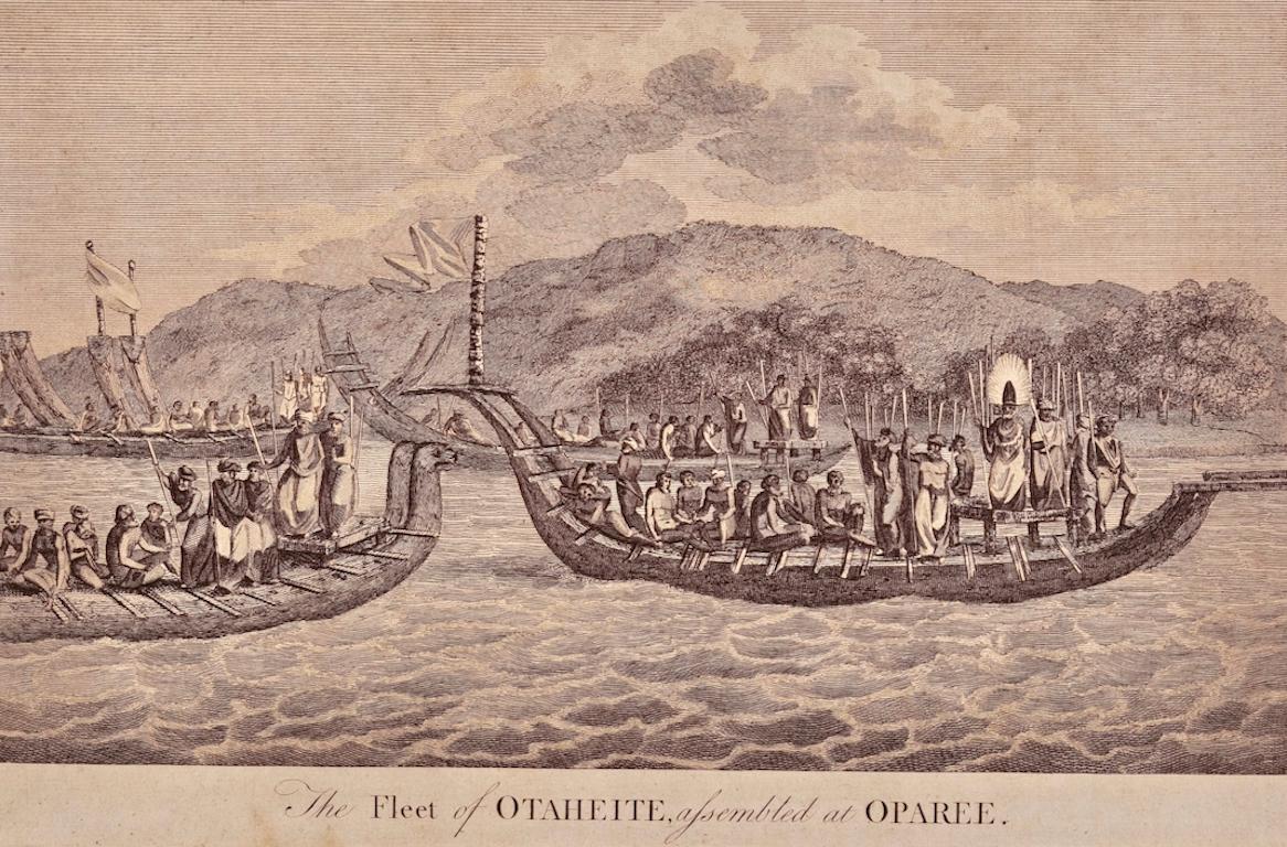 The Fleet of Tahiti displayed for Captain Cook: An Original 18th C. Engraving - Print di William Hodges