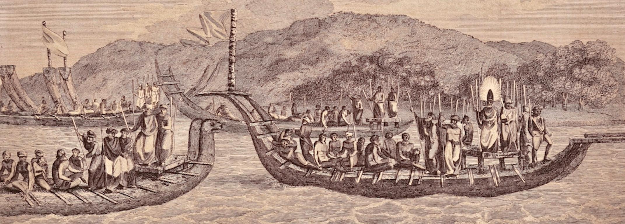 The Fleet of Tahiti displayed for Captain Cook: An Original 18th C. Engraving - Print Marrone di William Hodges