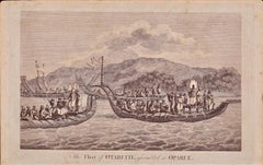 Antique The Fleet of Tahiti displayed for Captain Cook: An Original 18th C. Engraving