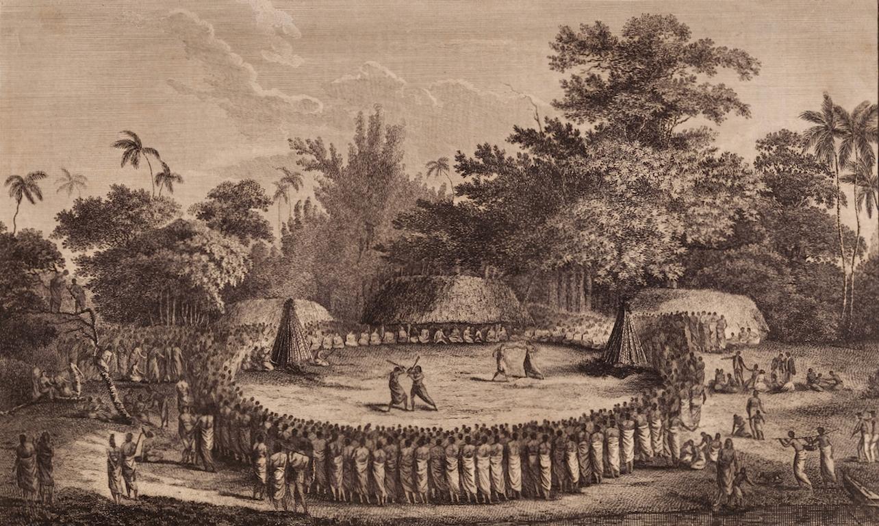 Réception pour le capitaine Cook, Tonga : Gravure originale du C.I.C., 3e voyage de Cook - Print de John Webber