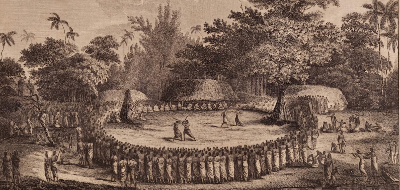 Réception pour le capitaine Cook, Tonga : Gravure originale du C.I.C., 3e voyage de Cook - Marron Print par John Webber