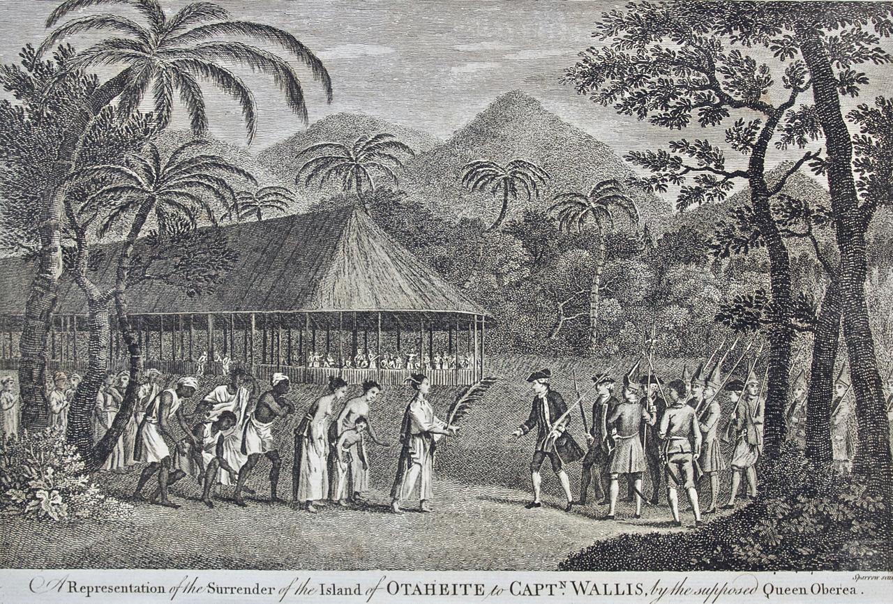 La capitulation de Tahiti au capitaine Wallis : une gravure originale du 18e siècle - Print de John Webber